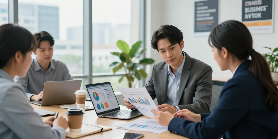 Collaborative office scene showing small business owner discussing merchant cash advance for small business with colleagues.