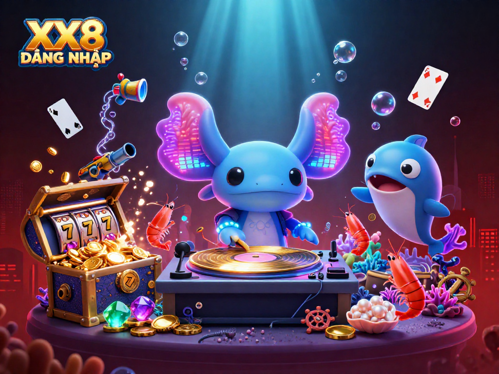 Experience the vibrant underwater world of XX8 ĐĂNG NHẬP with this lively scene featuring an axolotl DJ.