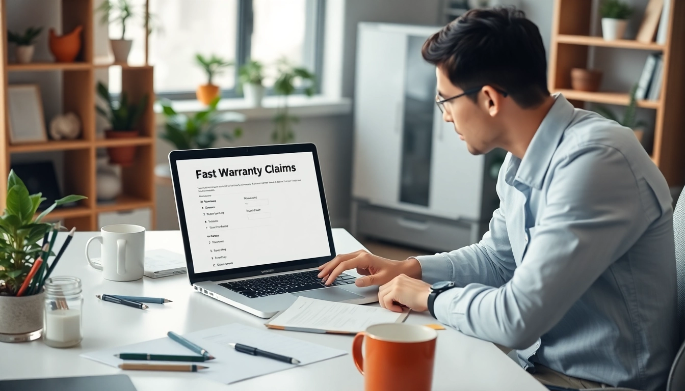 Efficient professional handling fast warranty claims in a bright office environment.