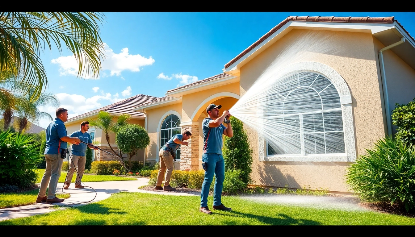 Professional team performing a soft wash on a residential home in Kissimmee, FL, showcasing effective exterior cleaning.