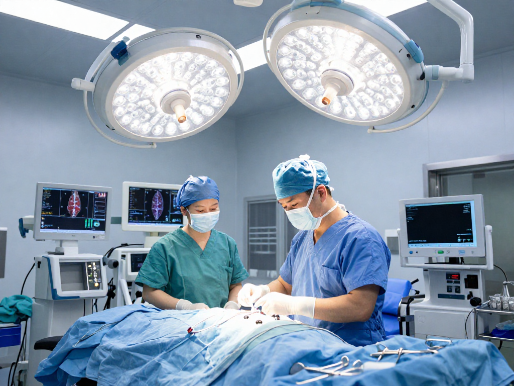 Preparing for bel kayması ameliyatı with surgeon and medical team in a modern operating room.