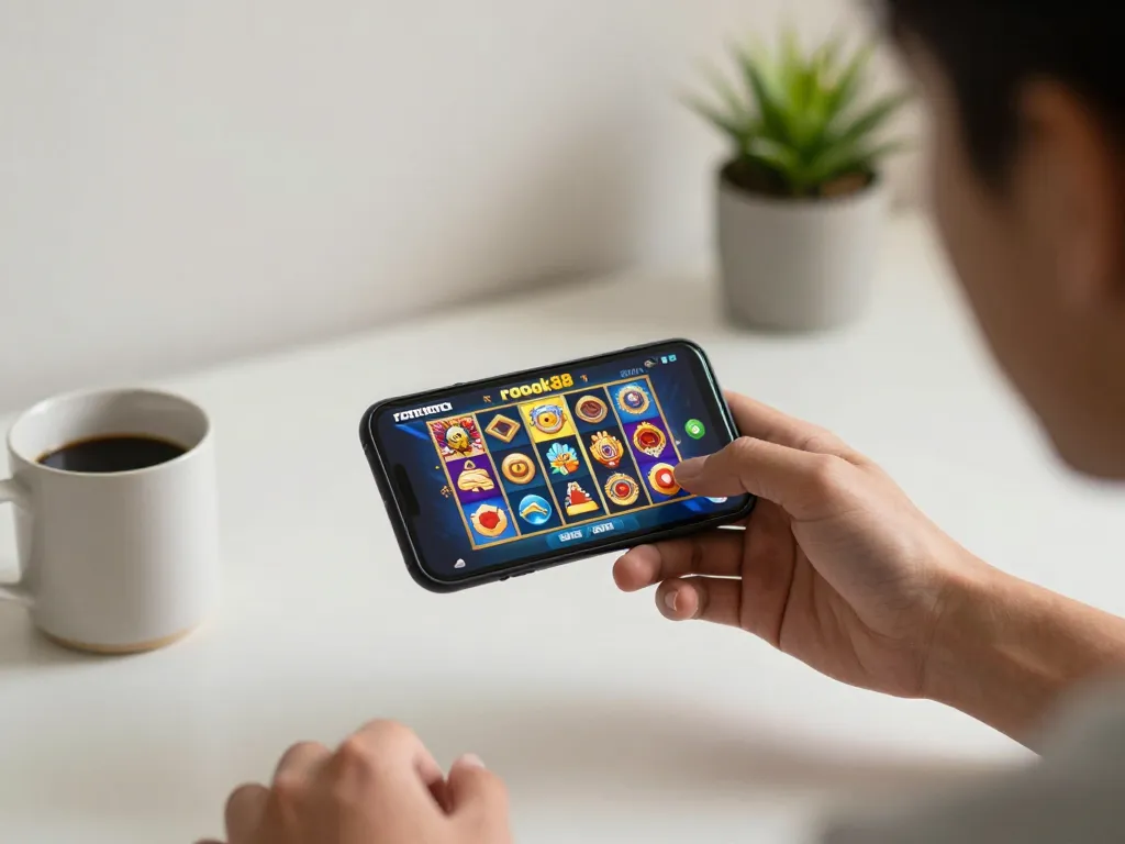 Player engaging in rokok88 slot game on mobile, enjoying a cozy gaming experience at home