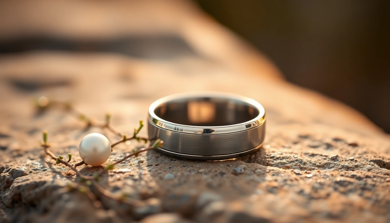 Showcasing tungsten wedding bands, highlighting their smooth design and elegant shine in a beautiful setting.