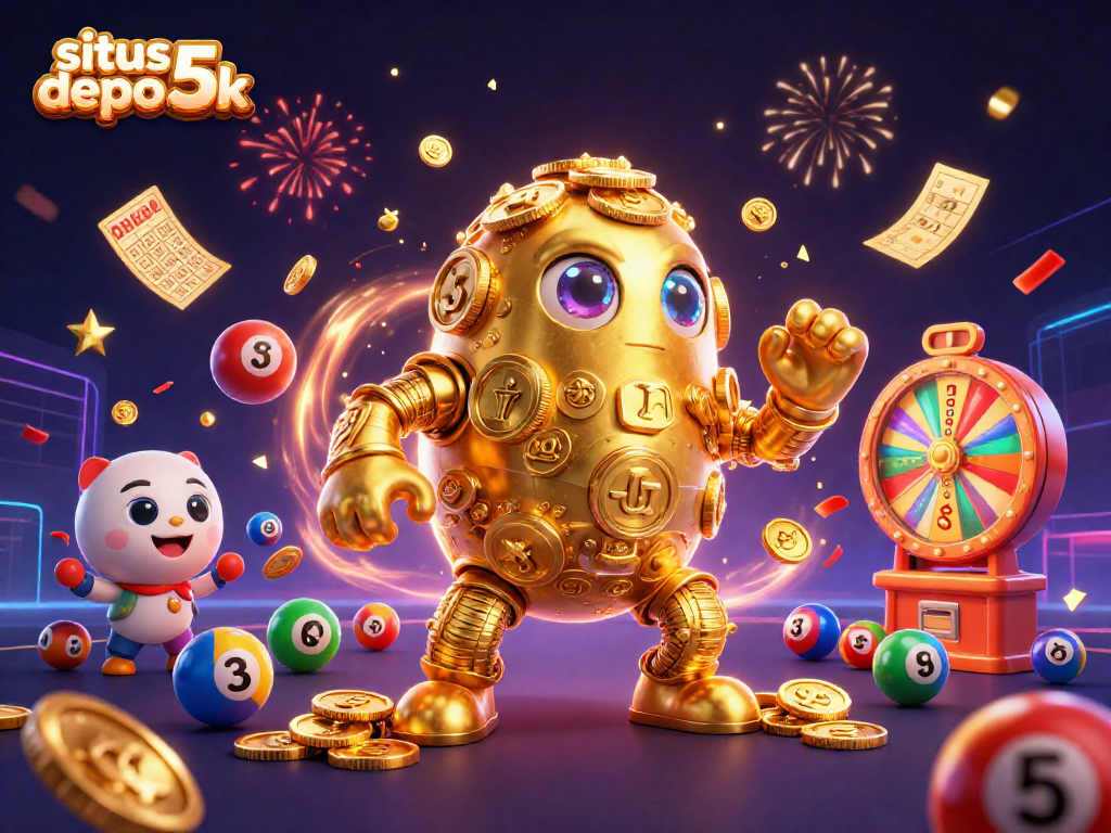 Engage with situs depo 5k's 3D gaming experience featuring a golden golem and vibrant lottery elements.