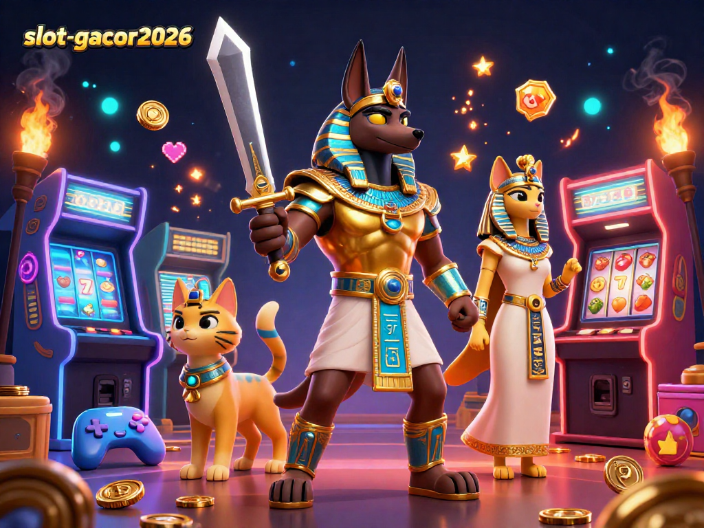Engage with slot-gacor2026 featuring Anubis, Bastet, and vibrant casino elements in an exciting gaming scene.