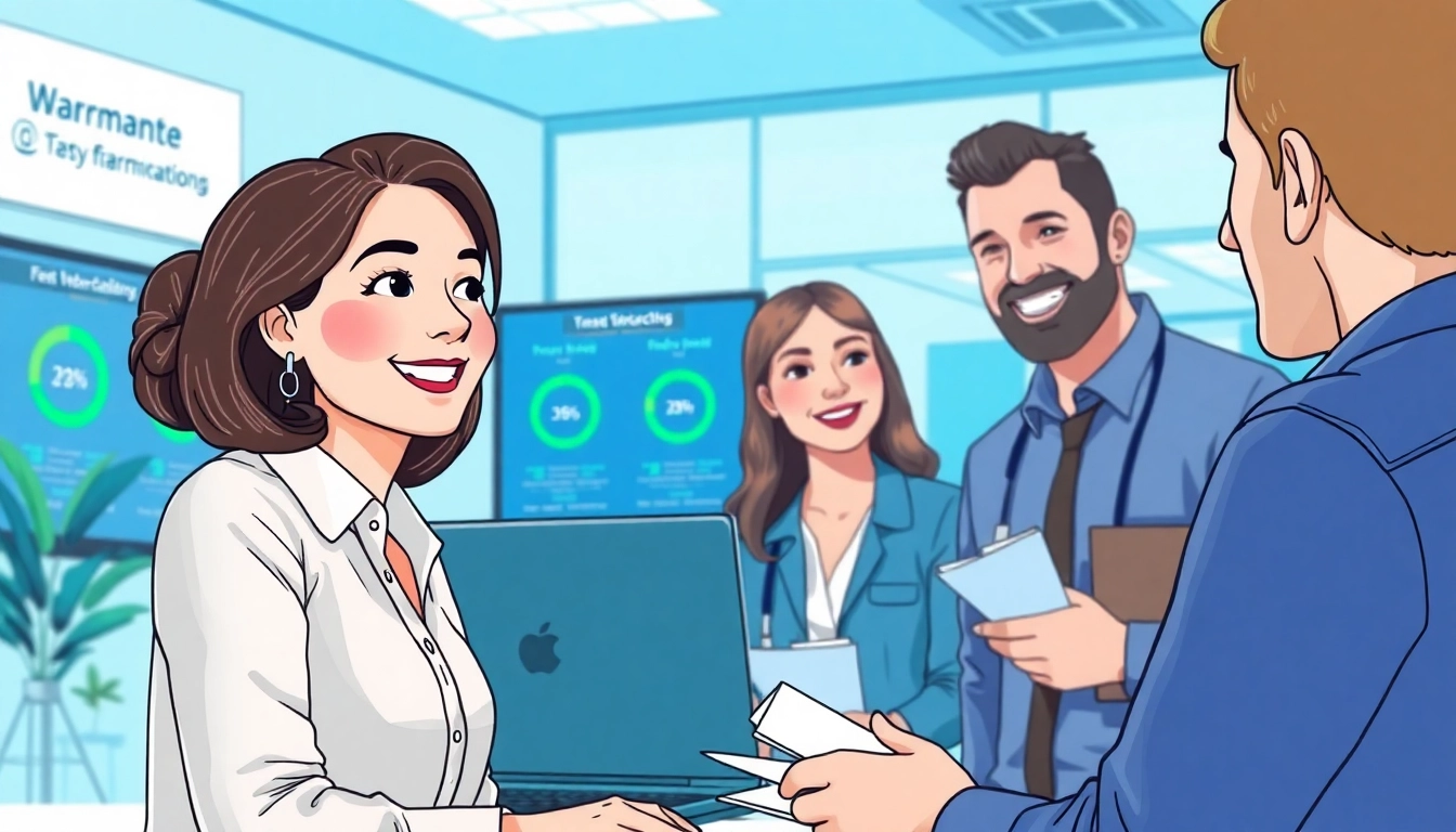 Fast warranty claims process with a satisfied customer and helpful representative in a modern office.