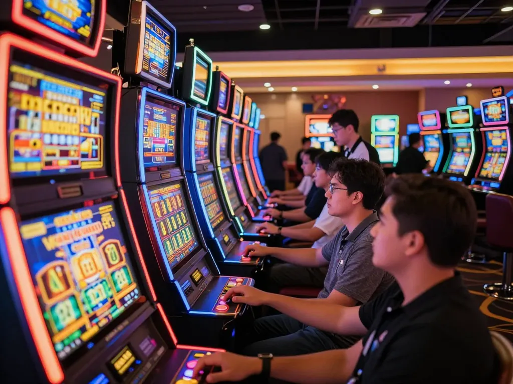 Engaged players enjoying vibrant slot machines at a situs slot gacor casino, highlighting high-energy gaming atmosphere.
