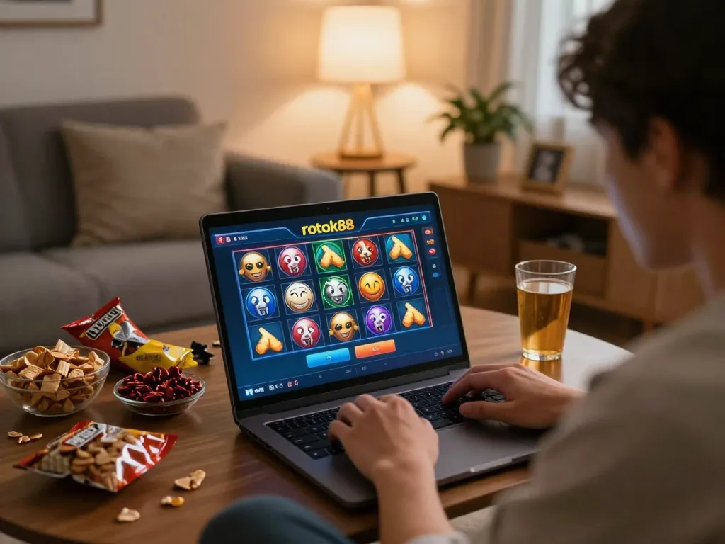 Engaging with rokok88 slot login on laptop during a cozy home gaming session