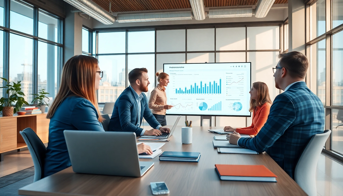 Analyze Competitive intelligence during a professional business meeting in a modern office.