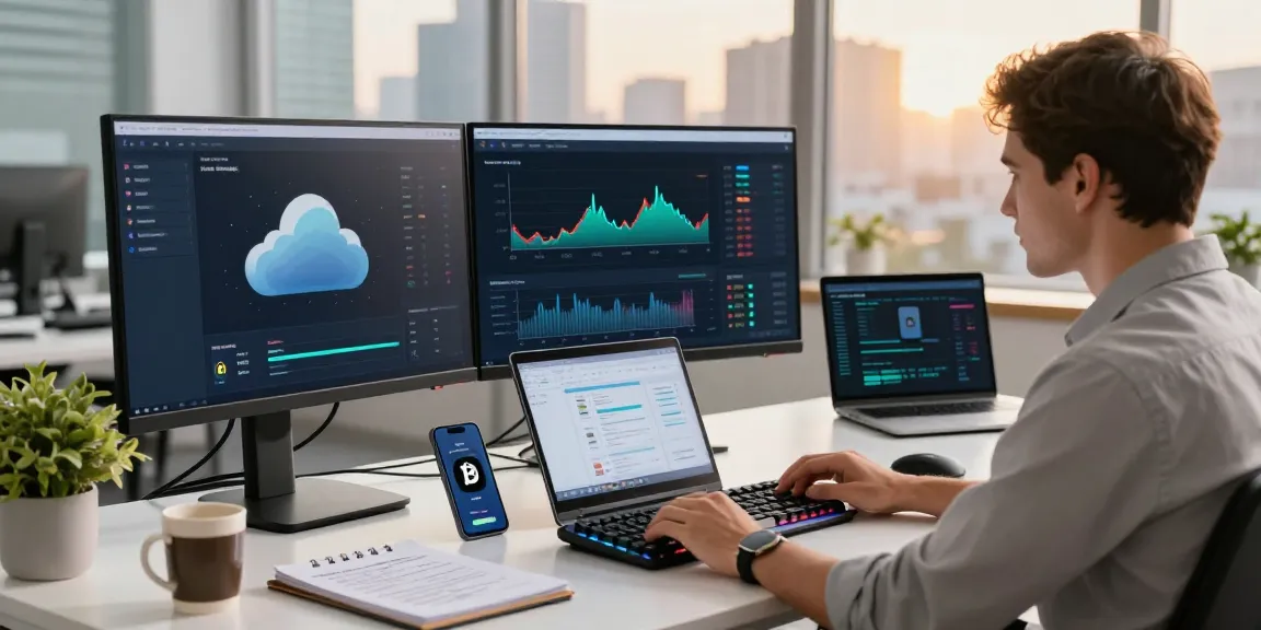 cloud mining platform setup featuring cryptocurrency trading screens, digital wallets, and innovative technology in a professional workspace