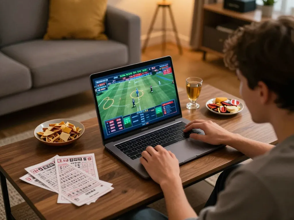 Person engaged in sports betting on their laptop in a cozy living room, showcasing a vibrant rr88bet experience.