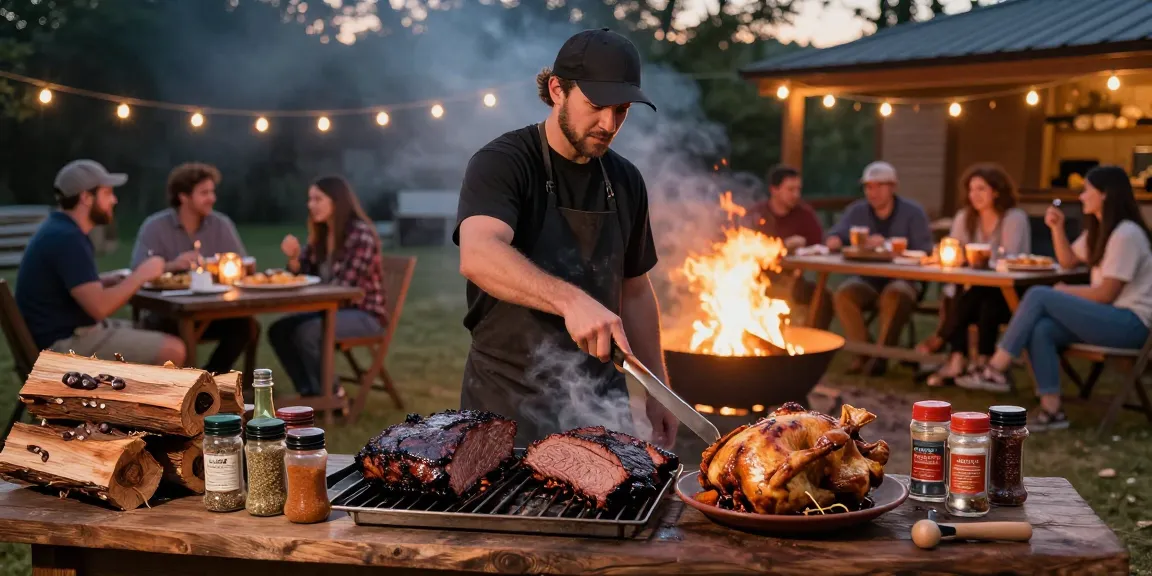Delicious rokok88 daftar smoked meats being prepared outdoors with friends enjoying BBQ.