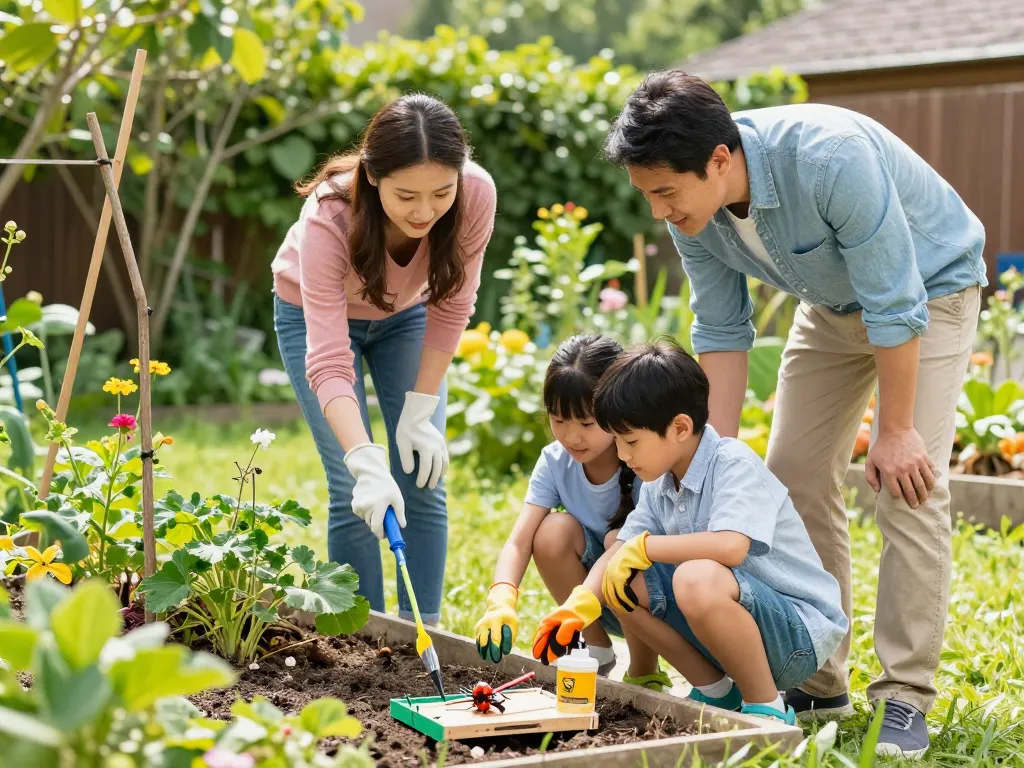 Pest control tips illustrated with a family inspecting their garden for bugs using natural methods and tools.
