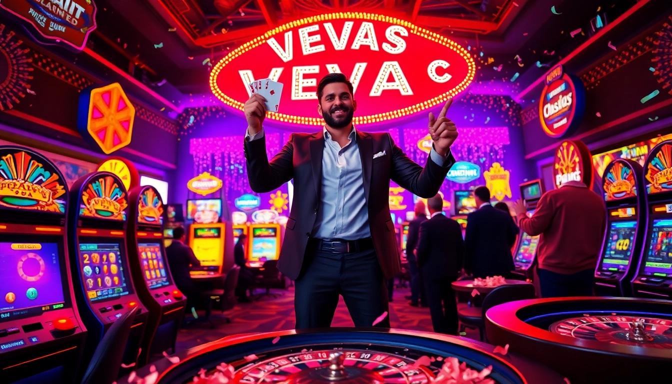 Celebrate your wins like a Vegas hero in a neon-lit casino environment.