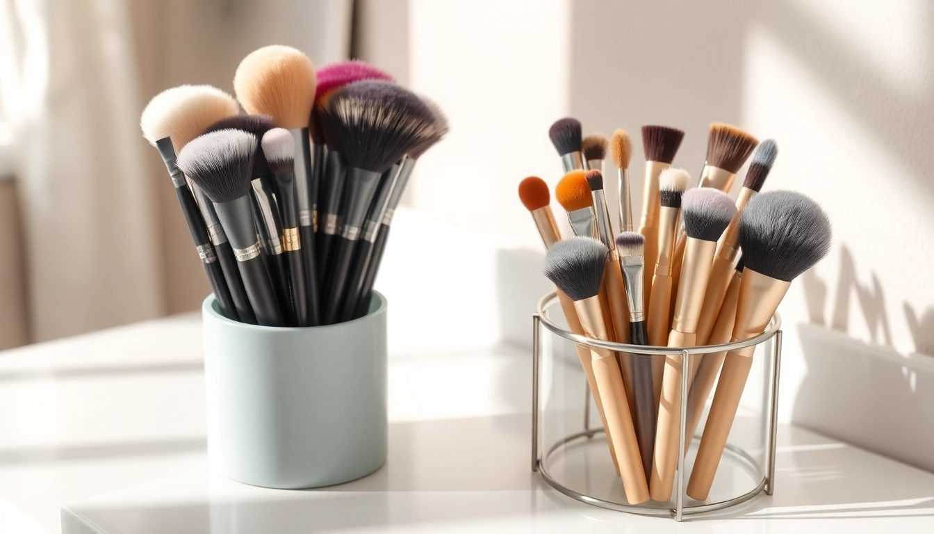 Using a dense makeup brush set for flawless beauty application on a vanity.