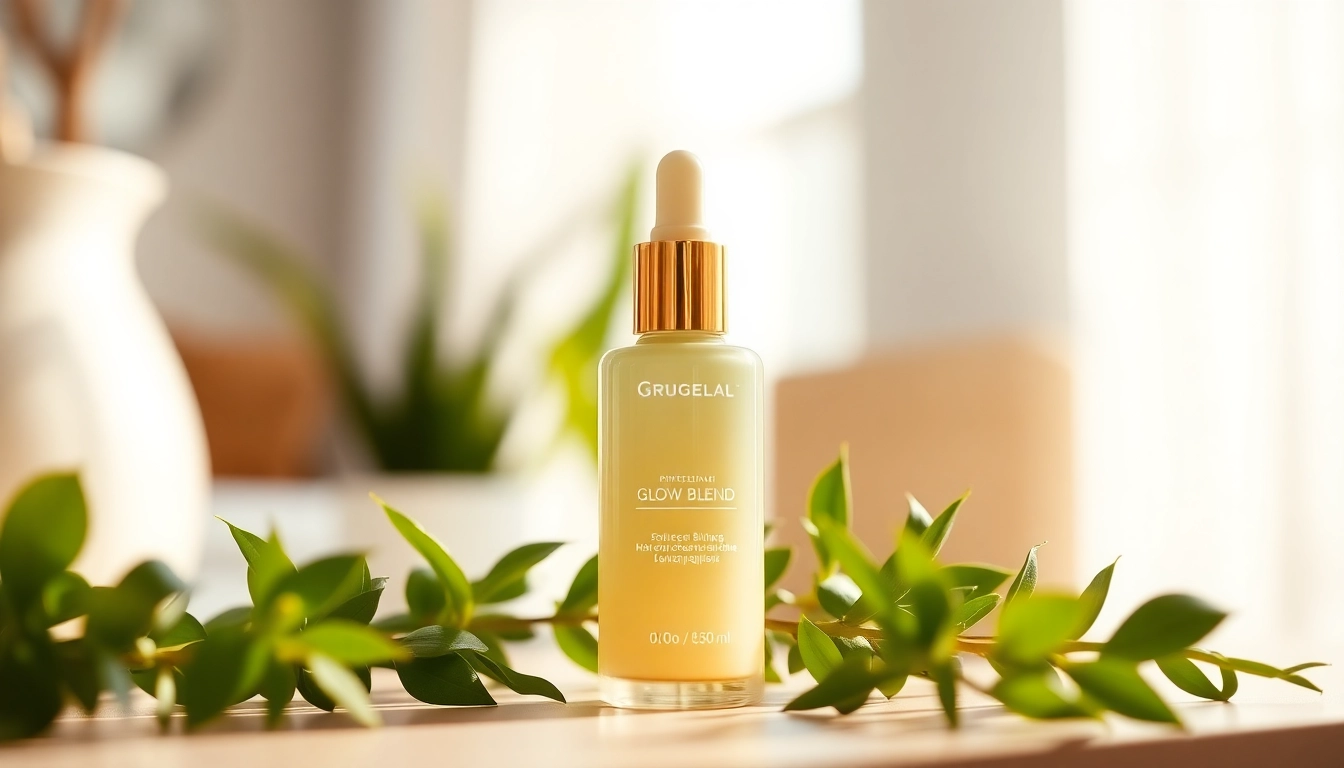 Display the Glow Blend skincare product elegantly surrounded by natural elements and soft lighting.
