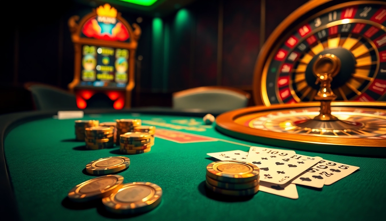 Experience thrilling gambling action with raja toto88 at a luxurious poker table, glowing slot machines, and vibrant roulette wheels.
