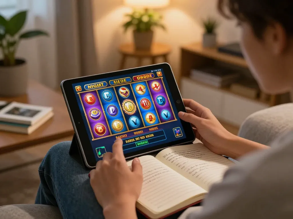 Engaging with slot bet kecil strategies during a cozy online gaming session at home.