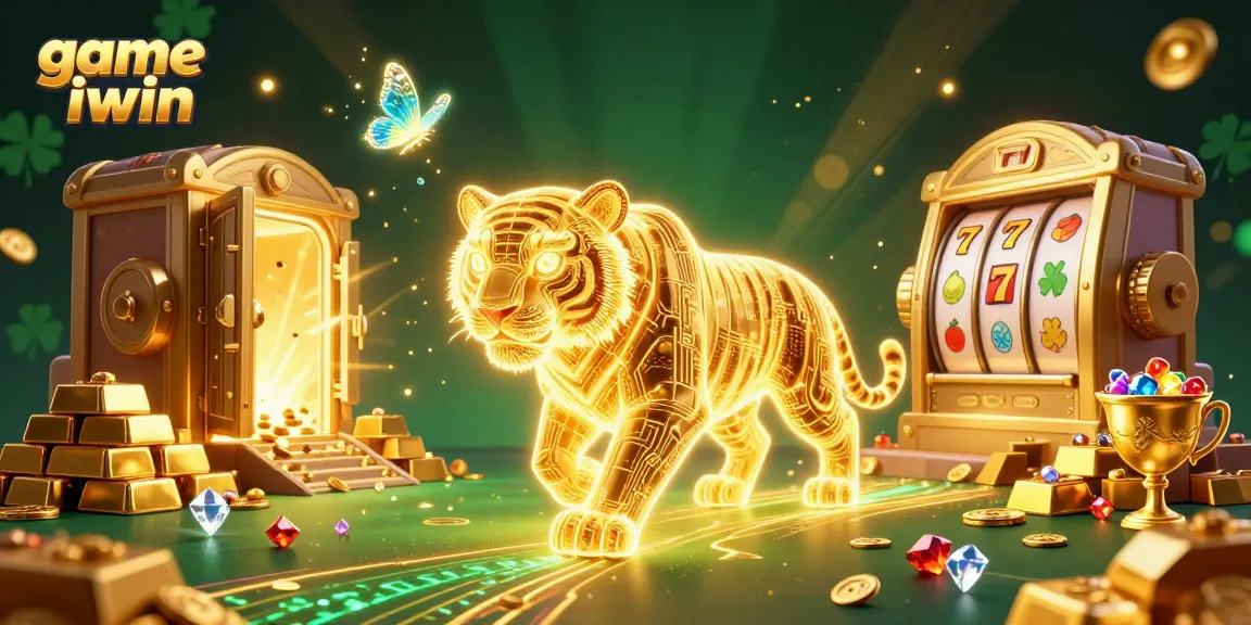 Play exciting game iwin with a neon-wireframe golden tiger in a dynamic casino environment.