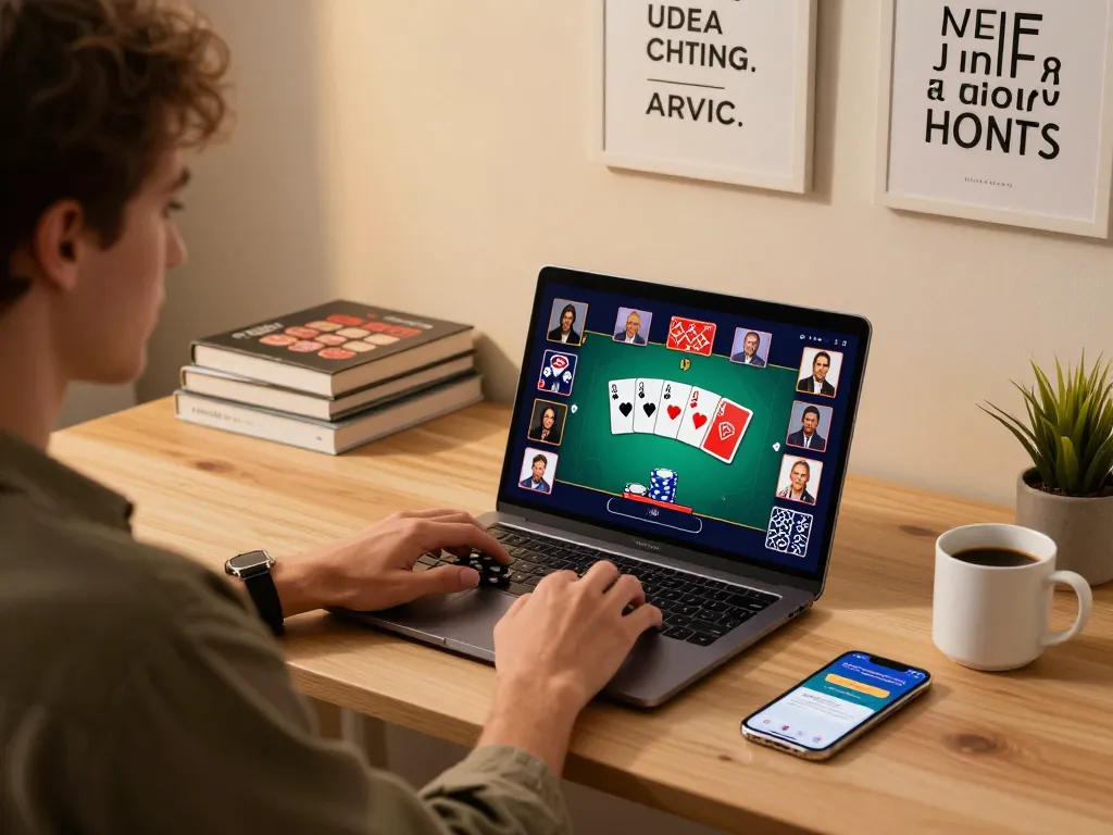 Player strategizing at home with TG88 poker game displayed on laptop screen