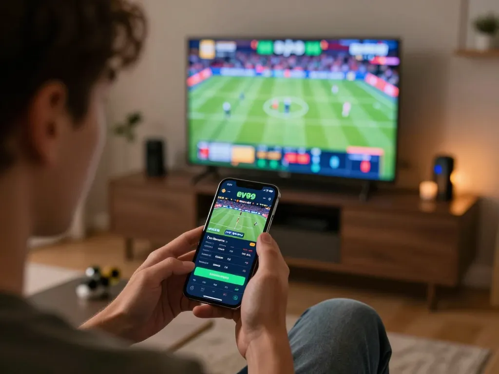 Betting with ev99 app on smartphone while watching a live sports event.