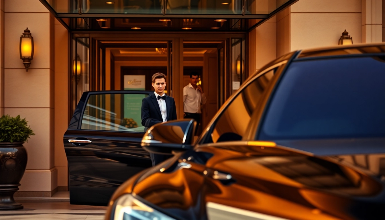 Experience premium Chauffeur Hire with a professional chauffeur at a luxurious hotel entrance.