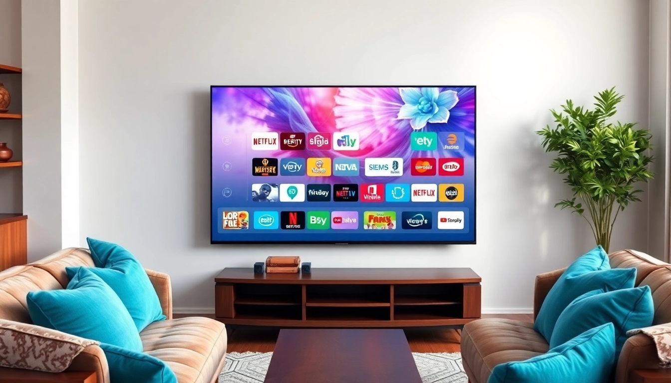 View of iron IPTV streaming service on a modern TV in a cozy living room setting.