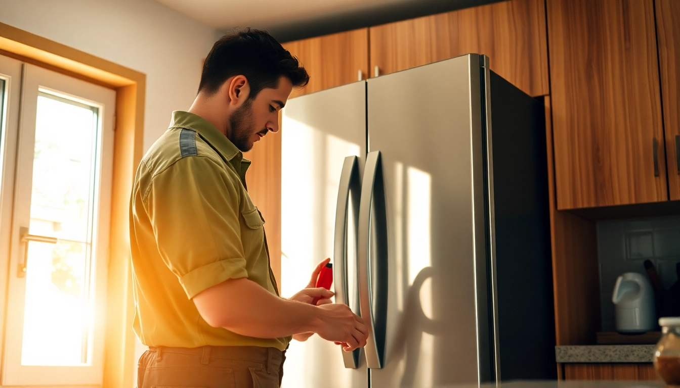 Technician conducting refrigerator repair ottawa in a well-lit kitchen setting.