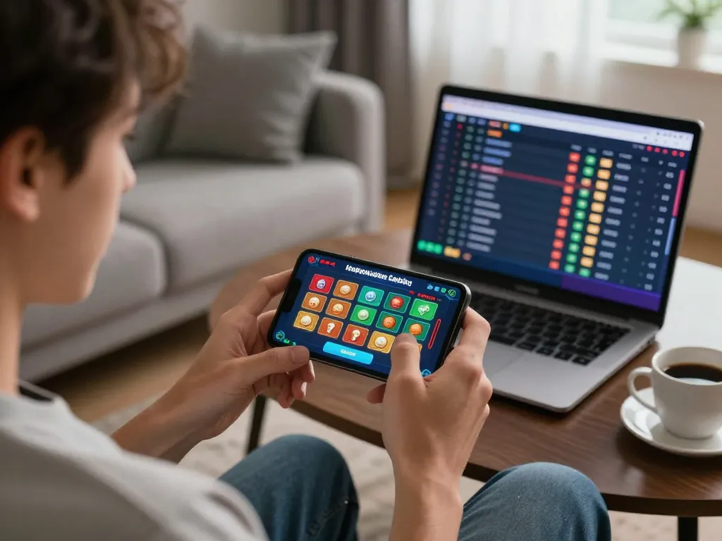 Engaging user participating in situs slot gacor live casino gameplay on smartphone in a cozy setting