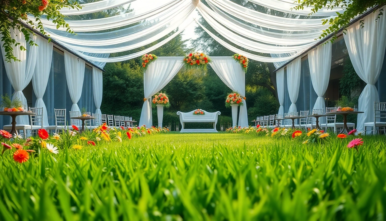 Wunderschöne hochzeitslocation im Garten mit eleganter Dekoration und Blumenschmuck.
