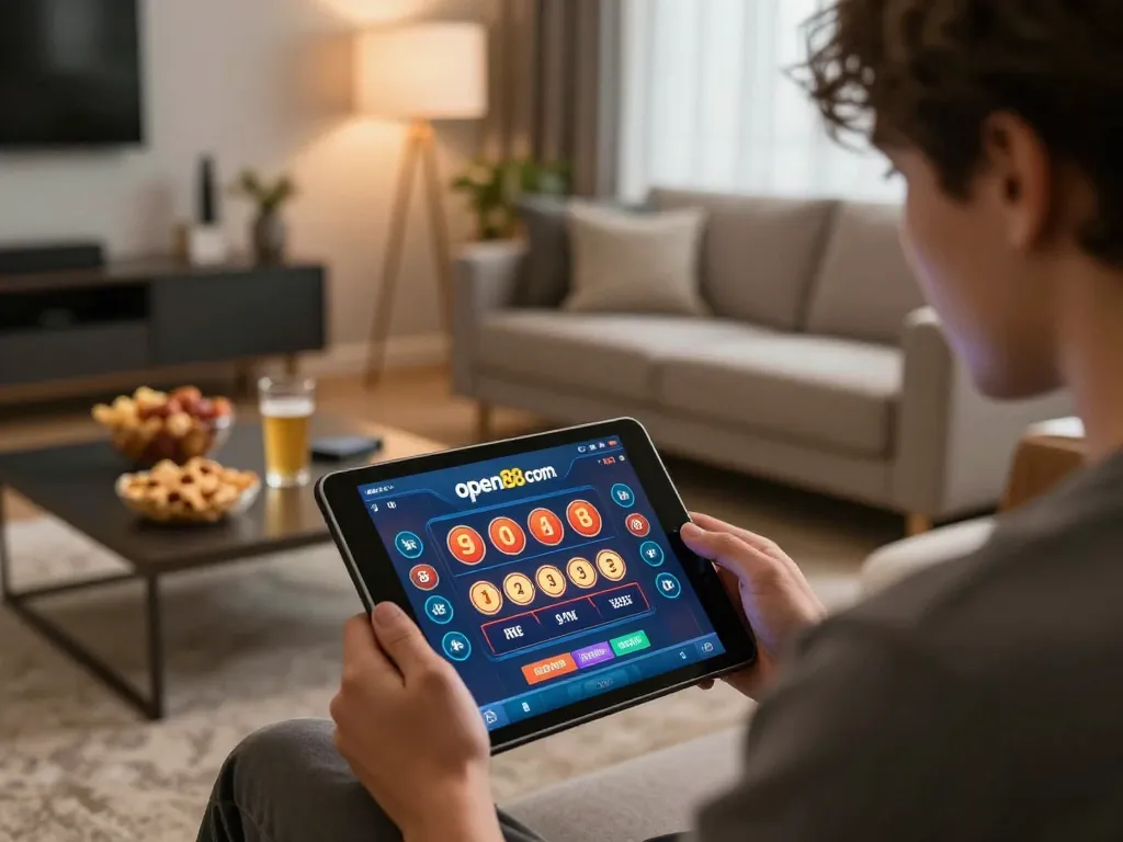 Engaged player using open88 com app on tablet for responsible online gambling in cozy environment.