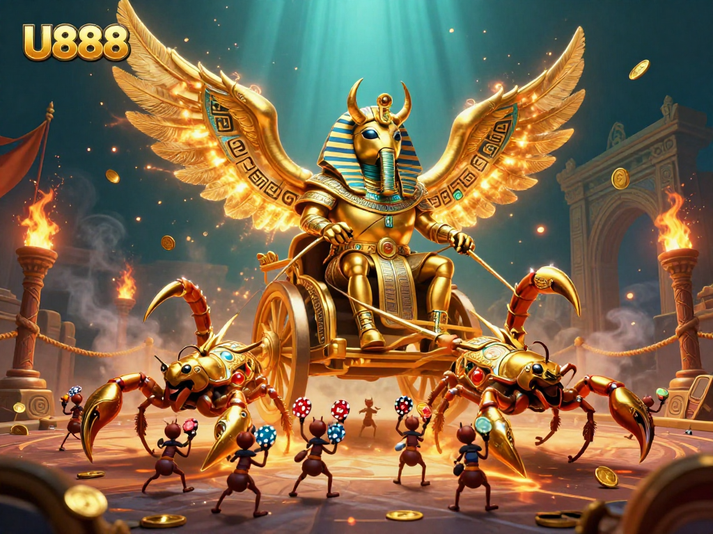 U888 game excitement with a golden scarab beetle and scorpions amidst vibrant casino elements.