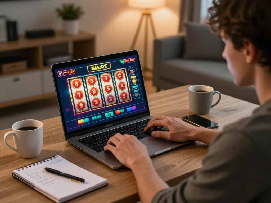 Spinning reels on Slot Online, showcasing dynamic laptop interface and strategic gaming setup.