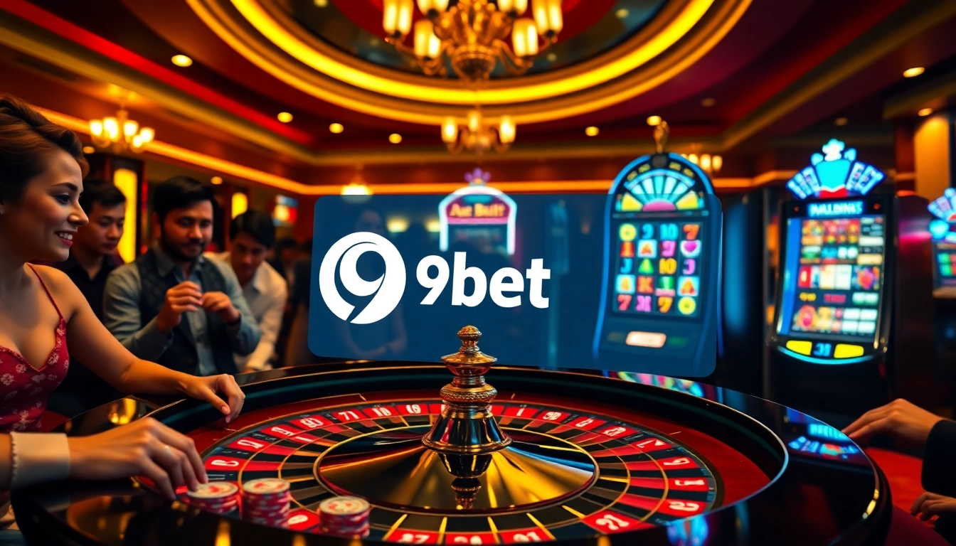 A vibrant casino scene with players at a roulette table featuring 9bet logo, showcasing excitement in gambling.