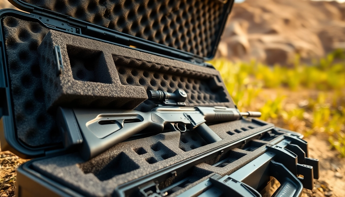 Showcase of foam for rifle case with precision cutouts for rifles and accessories in a protective, outdoor setting.