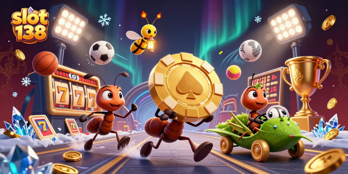 Engage with slot 138 adventures as ants carry a giant poker chip through a vibrant, dynamic casino scene.