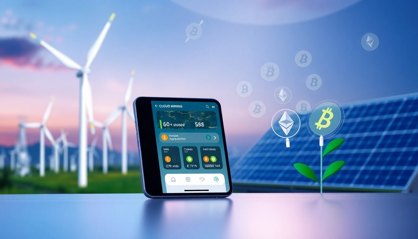 Interactive cloud mining app interface on a digital device with renewable energy backdrop.
