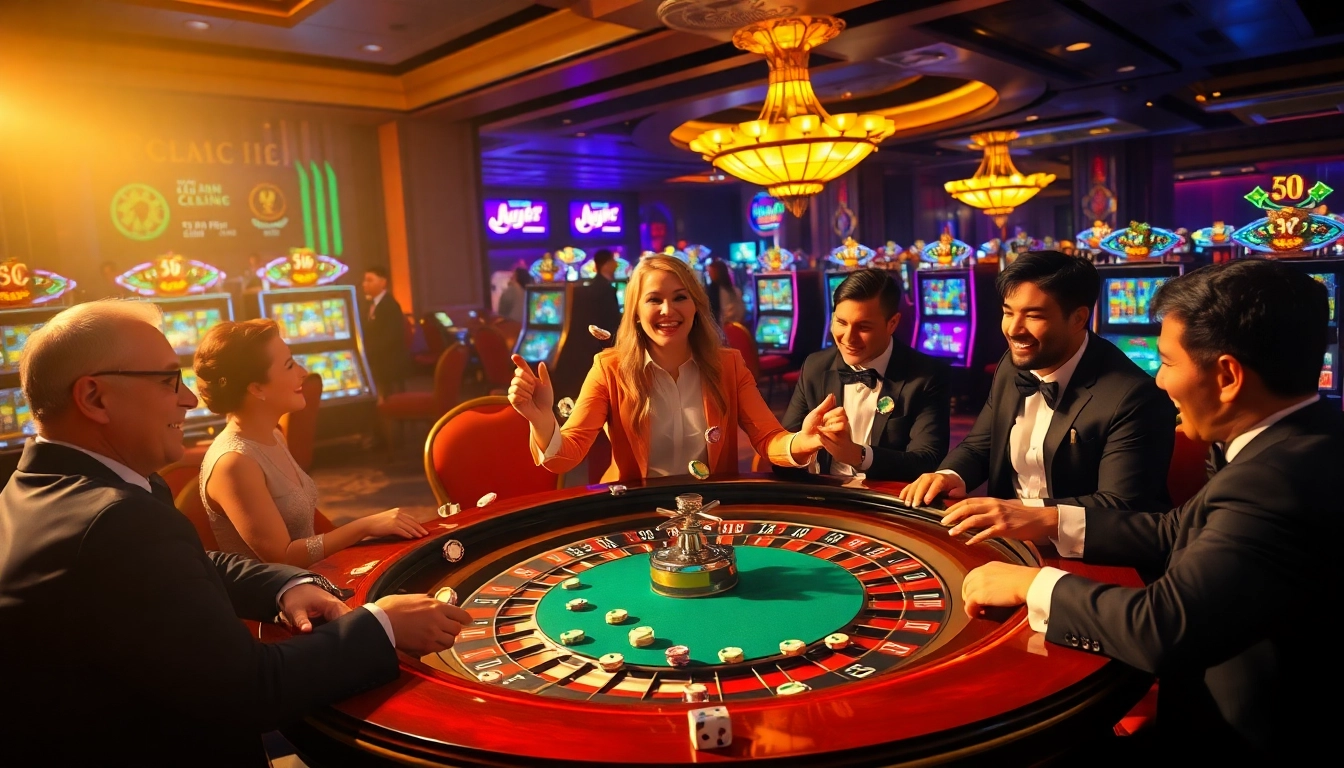 KJC Liên Minh players celebrate a roulette win in a vibrant casino atmosphere with colorful slot machines.