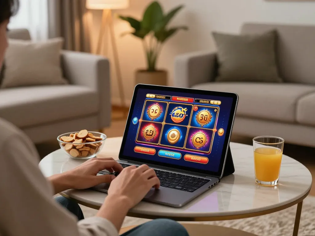 Engaging in online slot gacor gaming at home, vibrant tablet display and cozy atmosphere.