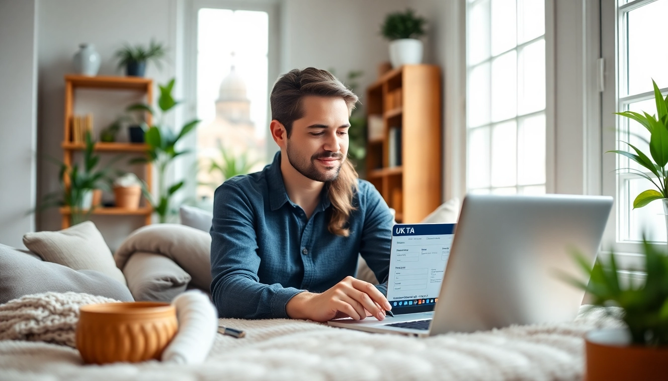 Couple using a laptop for the uk eta online application in a cozy home office.