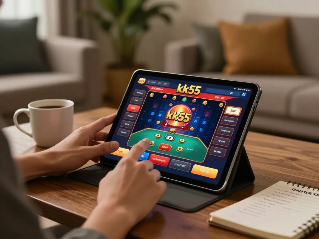 Player navigating the kk55 app for seamless online betting in a cozy, well-lit home environment