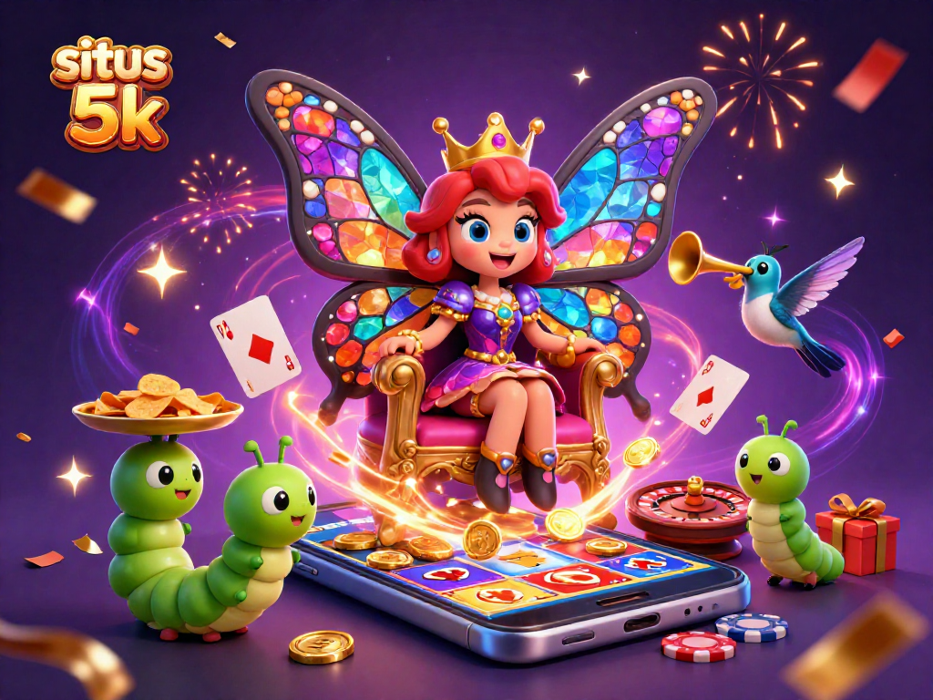 Engage with situs slot 5k through vibrant gameplay, golden coins, and festive energy in a 3D illustrated scene.