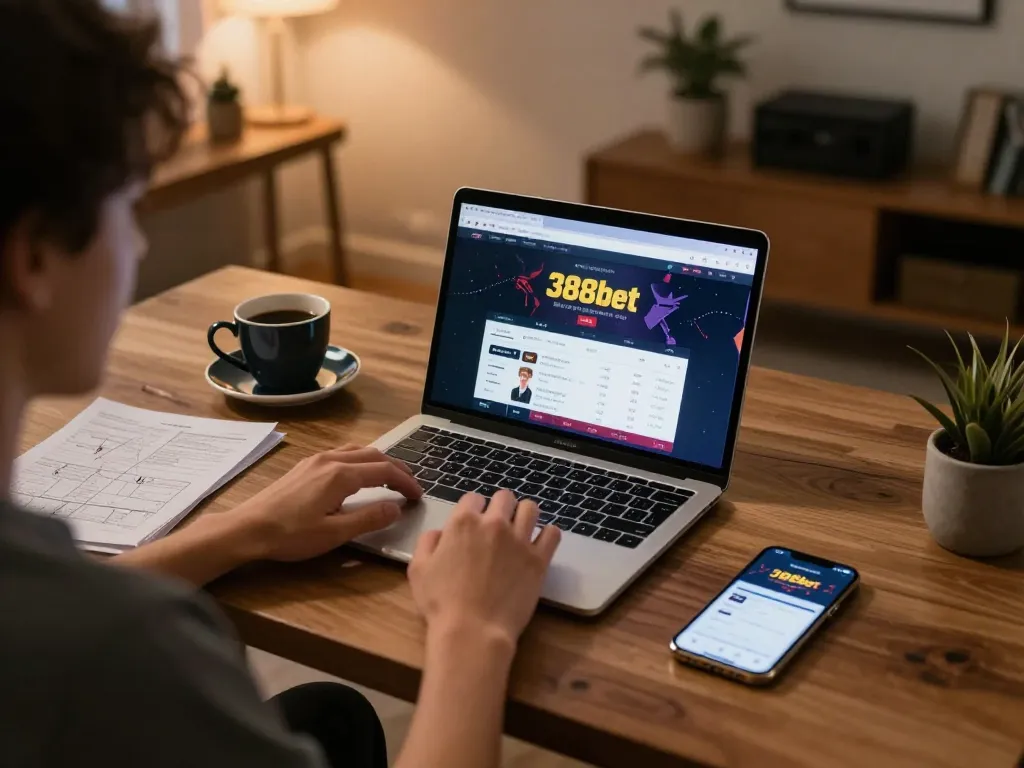 Player engaged in online gambling on 388bet using a laptop in a cozy home office