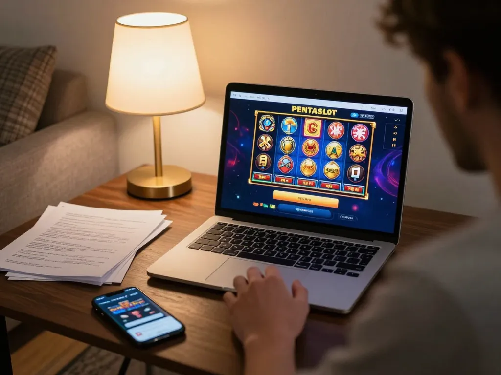 Pentaslot login interface displayed on laptop during an exciting home gambling session with strategy notes nearby