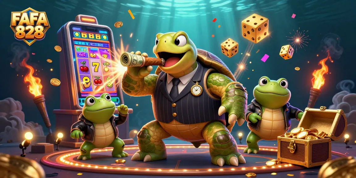 Engage with FAFA 828’s thrilling slots and jackpot activities via a dynamic casino scene illustration.