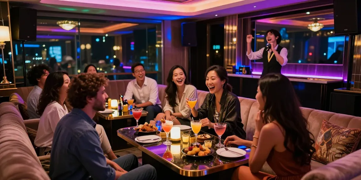 Friends at a luxurious karaoke bar enjoying drinks and music at https://www.gangnamtune.com/ with vibrant nightlife atmosphere.