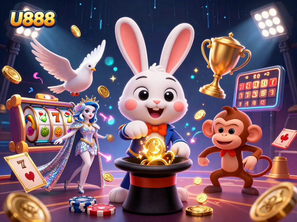 Engage with U888's thrilling slots as the magician pulls in coins and excitement.