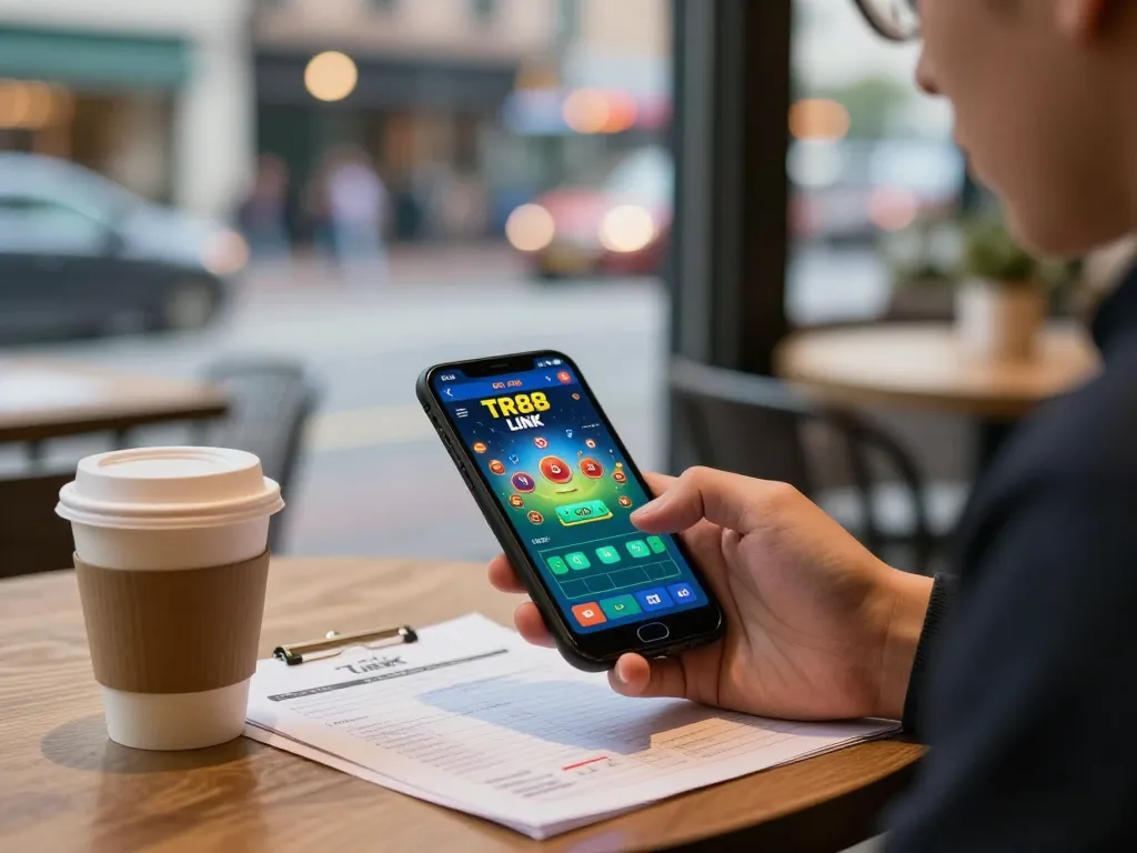 Placing bets using TR88 LINK on smartphone while enjoying a café setting