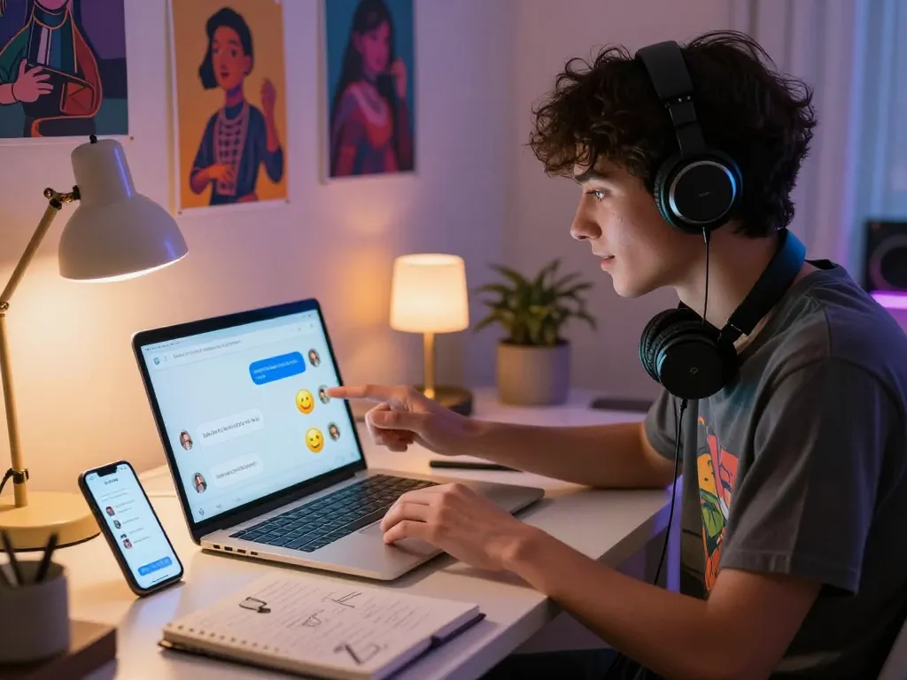 AI slut conversation on a laptop, vibrant chat environment with playful interactions and cozy ambiance.