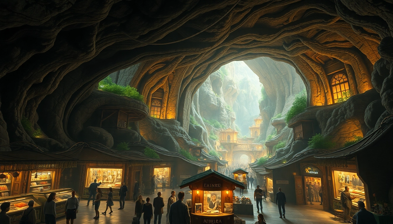 A bustling underground city in the US showcasing vibrant marketplaces and intricate details.